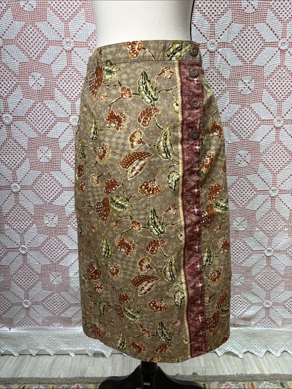 Floral Printed Beige Midi Skirt with Burgundy Trim